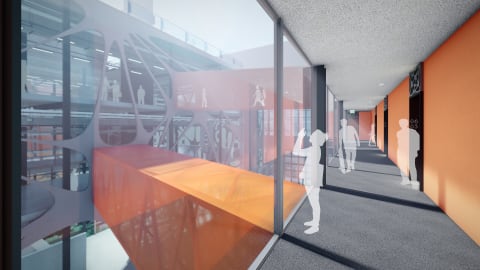 A 3D render of an interior hallway space with floor to ceiling glass windows on one side. Figures look outward through the glass. Walls are brown and orange. Floor is grey.
