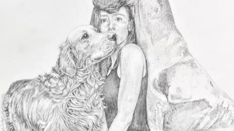 Black and white drawing of a girl kneeling with a golden retriever and a Great Dane by her side.