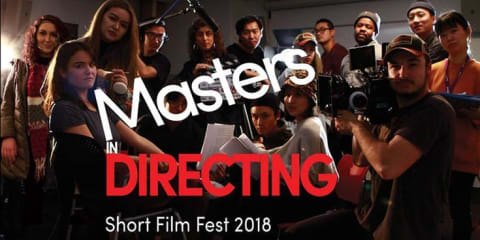 A poster for the MPS Directing Short Film Fest, feauring a photo of a group of people facing forward, some of whom are holding film materials like a camera, boom microphone and scripts.