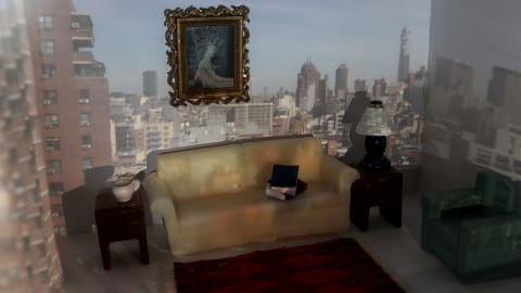 Photograph by Michelle Girardello, depicting a miniature home interior with cityscape overlaid on its walls and furniture, as shot by a digital pinhole camera.