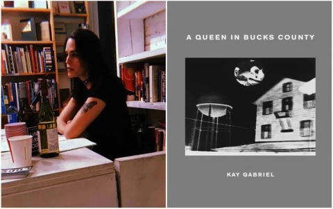 Two images: on the left is a woman leaning on a table amongst shelves of books. On the right is a book cover featuring a black and white photo of a house with the title "A Queen in Bucks County" above