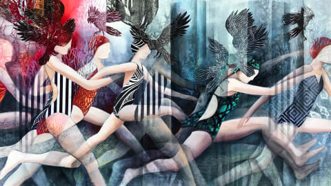 Mixed media collage of multiple figures running in one-piece striped bathing suits with birds flying overhead.
