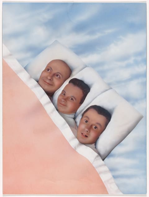 An artwork depicting three men tucked into a bed in the sky