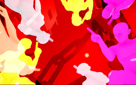 Video still of highly saturated, graphic outlines of human figures in different colors on a red background with a large chain overlaid on it.