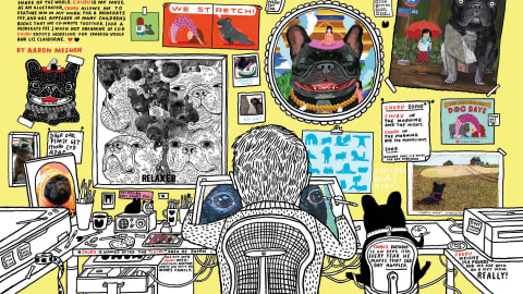 illustration of a person and dog sitting and drawing at a desk with pictures of dogs all around them.