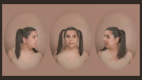 Three medallion photos of a woman with her hair in pigtails