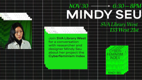 a flyer for the Cyberfeminism Index event featuring a black background with a white grid on it and green pop-ups, one containing the headshot of a woman with long black hair