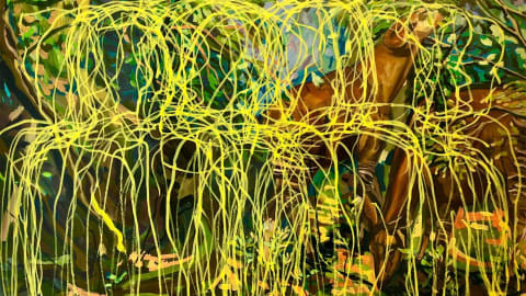 Painting by Jennifer Rappaport depicting two deer eating leaves in a forest setting, and the canvas is overlaid with yellow gestural marks left by a performance.