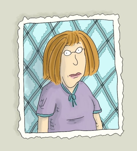 Self-portrait illustration by Roz Chast against a blue diamond-shaped background, with a drawn torn edge around the portrait.