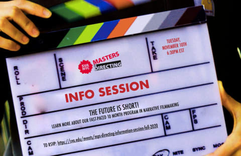 A pair of hands holds a film slate (clapboard). Written on it are the words "Info Session", "The Future is Short." "Learn more about our fast-paced 10 month program in narrative filmmaking"