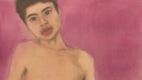 Self-portrait painting by Stanley Chen, presenting a shirtless young man looking at the viewer while standing against a magenta background.