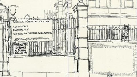 A sketch picture of the side of Belevue Hospital.