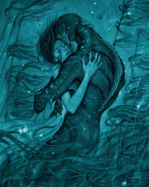 Illustration of a woman embracing a sea creature, surrounded by algae and other sea plants. The illustration is done entirely in fine black lines with a blue wash all over it. 