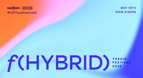 The event title Hybrid sits atop a colorful swirl of bright blue blending into orange with a streak of pale pink.