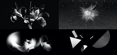 Here are black and white designs of geometric forms that appear to hover in space.