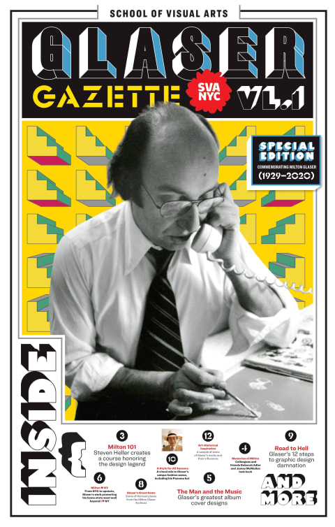 The cover of a newsletter about designer Milton Glaser, featuring a black-and-white photo of Glaser talking on the phone while painting a picture.