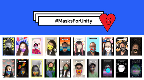 A graphic that reads "Masks for Unity" in the upper half. Underneath is a grid of individual selfies of people wearing AR face masks