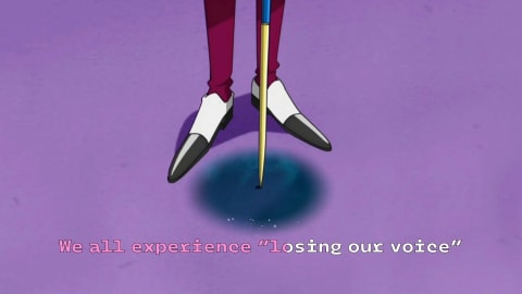 Image of person standing in shoes on a purple backdrop with the words "We all experience losing our voice" across the bottom.