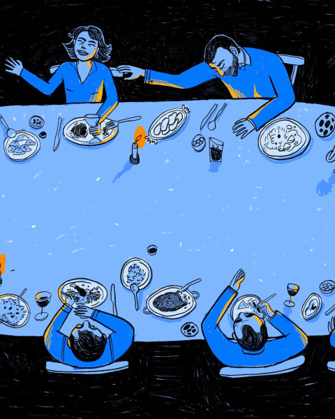 Scene from overhead of a group people sitting at a dining table eating and talking with their hands. The image is made in blue, black and white.  