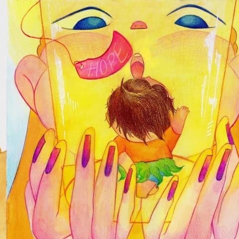 Two glowy, color pencil illustrations in largely yellow and bright tones, with purple details. One of them shows a small child at a woman's feet, and the next one shows a large woman holding the child in her hands close to her face. There is a tag that reads "Hope" coming from the top of the woman's head. 