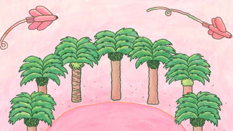 Illustration of palm trees in a circle with airplanes flying around the palm trees