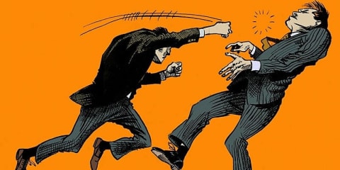 Illustration of two men in pinstripe suits a fist fight against an orange background.