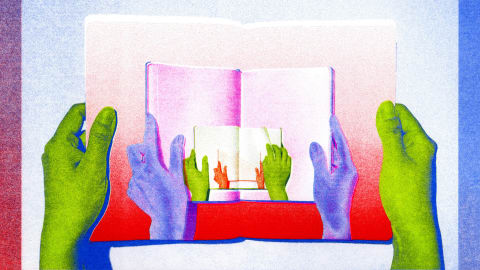 Green, purple and red hands holding empty notebooks.