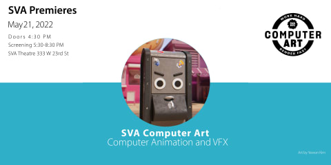 A graphic featuring a computer art image in the center and the title "SVA Premieres"