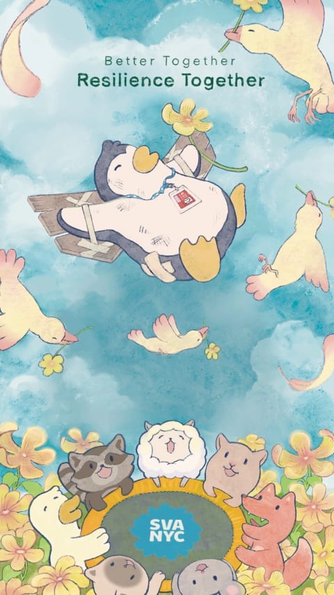 The words “Better together, resilience together” are spread across the top of a poster, with a blue cloudy sky behind them. Below the words, a group of animals holds a trampoline while a penguin bounces into the air, surrounded by other flying birds.