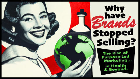 A black and white image of a woman holding a green earth, to the right is a panel that reads "Why have brands stopped selling?