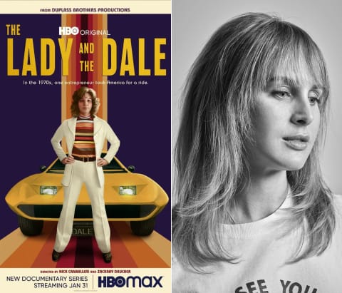 Two images side-by-side; on the left is a color poster featuring a photograph of a woman standing in front of a yellow car, on the right is a black-and-white portrait photograph of a woman looking off to the side.