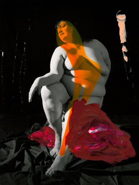 Black and white photograph of a nude with large gestural brushstroke of orange an another of red at bottom