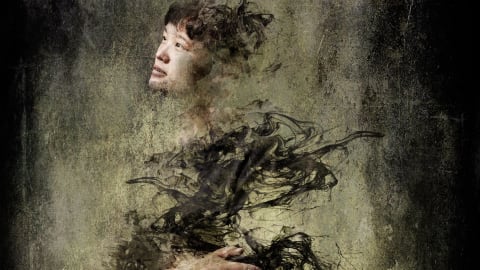 A composite photograph of a woman, seemingly floating, in profile and looking up and off the left side of the frame. Her body has been transformed into a black inky fog that is formless, aside from her face and her hands. The background is green and textured.