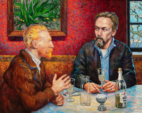 A bearded man sits at a table with absinthe while talking to Vincent van Gogh.