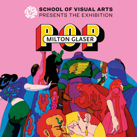 A colorful, psychedelic, '70s-ish image with people dancing or mingling in front of a pink background with a banner that reads, "Milton Glaser: POP.'