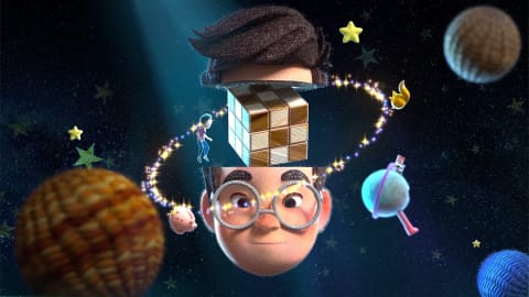 A still from the 3D animated film 'The Organized Life' by Yu Wang. A headshot of a young man with glasses in space, while a small version of himself looks into his head and finding a Rubik's Cube