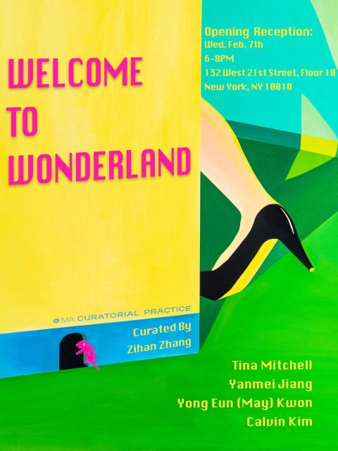 Poster for "Welcome to Wonderland" with leg with a black highheel. 