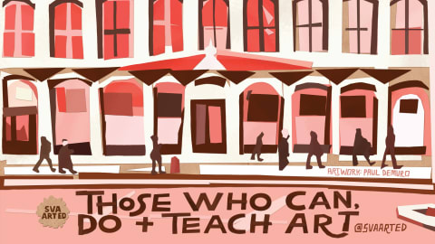 Collage of building entryway with silhouettes of figures walking by. "Those who can, do and teach art"