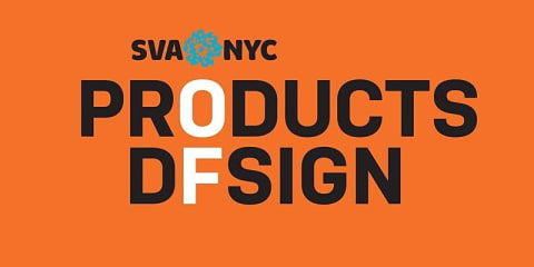 SVA NYC Products of Design logo in black font on an orange background
