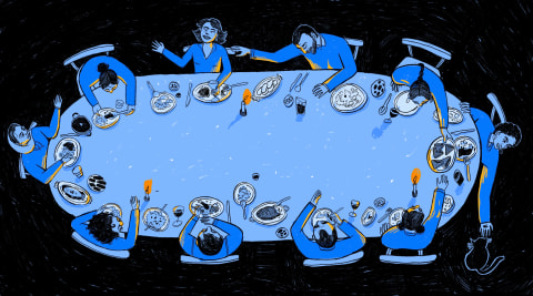 Scene from overhead of a group of 10 people sitting at an oval dining table eating and talking with their hands. There is a small cat in the lower right corner. The image is made in blue, black and white.  