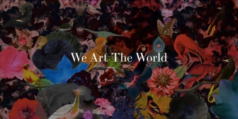 A colorful collage artwork featuring birds and flowers with the text "We Art the World." 