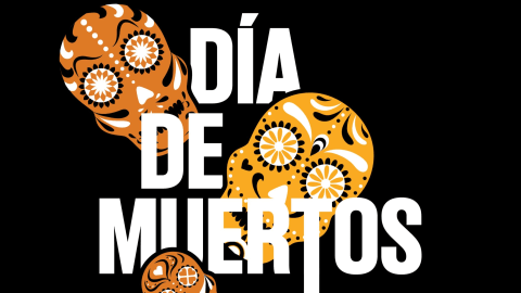 A graphic on a black background featuring three orange sugar skulls with "Dia de Muertos" in white text