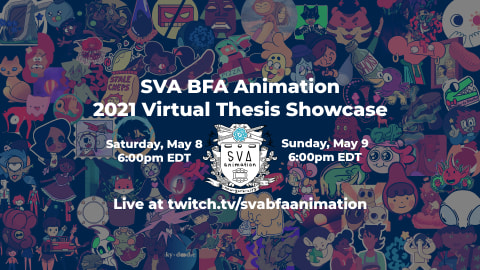 SVA BFA Animation 2021 Virtual Thesis Showcase is written above the Departments coat of arms while artwork from the class of 2021 is displayed behind the letters