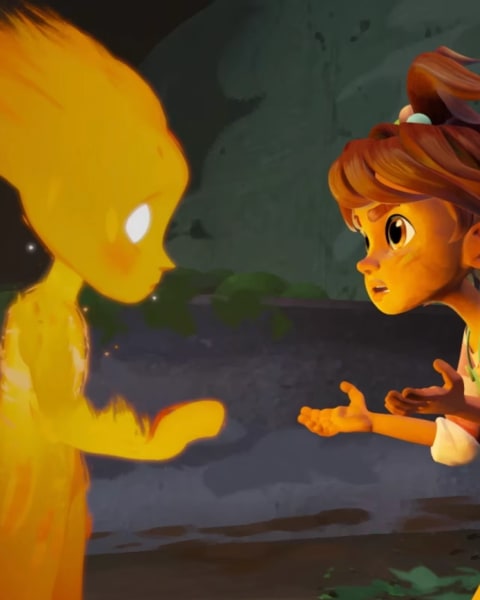 Still from a 3D animated movie. A young child made out of fire and a human child stand face to face. 