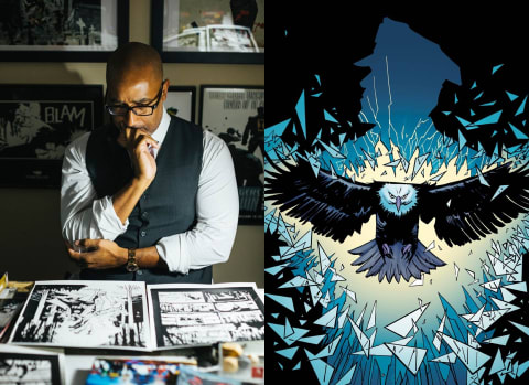 Artist and SVA alumnus Shawn Martinbrough and one of his illustrations, showing an eagle breaking through the blue silhouette of a police officer..