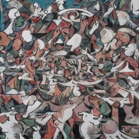 Cubist style acrylic painting depicting several human figures as well as cows and other animals, all blending into each other.