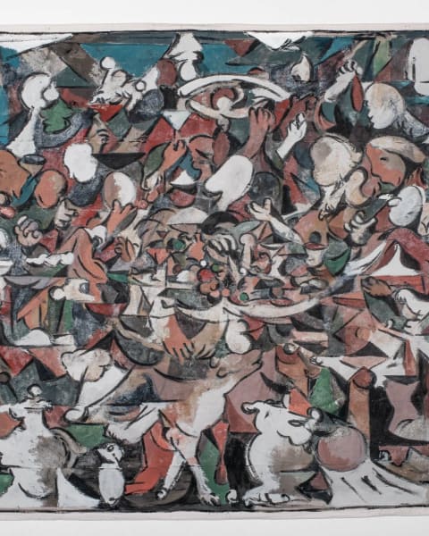 Cubist style acrylic painting depicting several human figures as well as cows and other animals, all blending into each other.