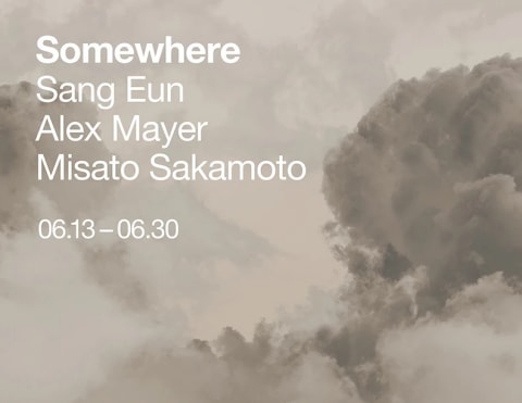 Poster for Somewhere exhibition featuring the name of the  three artists over grey cloud pattern.