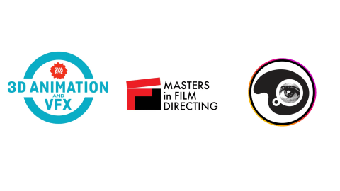 Three logos on white, left to right, the new logo of SVA's BFA 3D Animation and Visual Effects department, the new logo of the MPS Film Directing department and the surreal looking eye-swirl logo that reflecs the new look of BFA Comics.