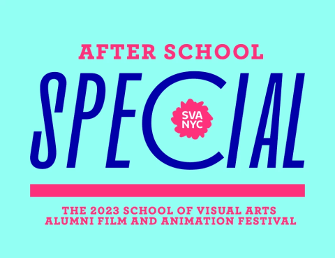 An aqua-colored slide with the words "After School Special" on it in blue and pink. There is a pink SVA NYC logo inside of the "C"